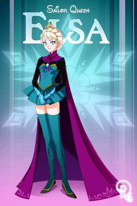 1girl, bishoujo_senshi_sailor_moon, blonde, blue_eyes, cloak, crossover, disney, drachea_rannak, elsa_(frozen), fairy_tales, frozen_(disney), gloves, kodansha, magical_girl, parody, royal, sailor_moon_(series), short_hair, smile, solo, takeuchi_naoko_(style), thigh-highs, toei_animation