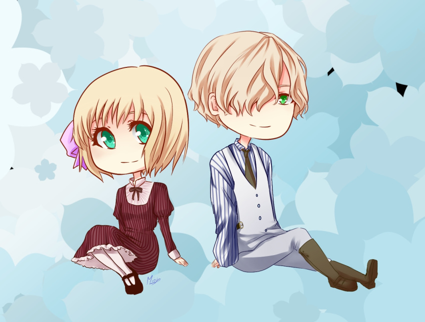 1boy, 1girl, bent_knees, blonde, blue_eyes, blue_outfit, chibi, couple