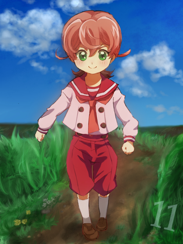 3:4_ratio, 600x800_wallpaper, blush, brown_footwear, clouds, flower, full_body, grass, green_eyes, iii_(yuu-gi-ou_zexal), looking_at_viewer, male, medium_hair, number, pink_hair, pixiv_id_181399, red_shorts, sailor, shorts, sky, smile, socks, solo, text, tron_family, wallpaper, yuu-gi-ou, yuu-gi-ou_zexal