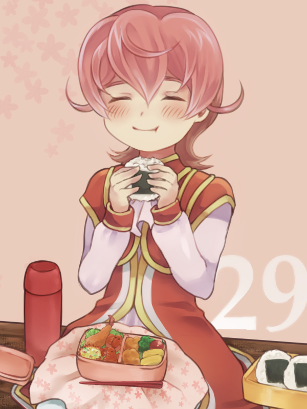 ascot, bench, bent_knees, blush, chopsticks, closed_eyes, eating, european_clothes