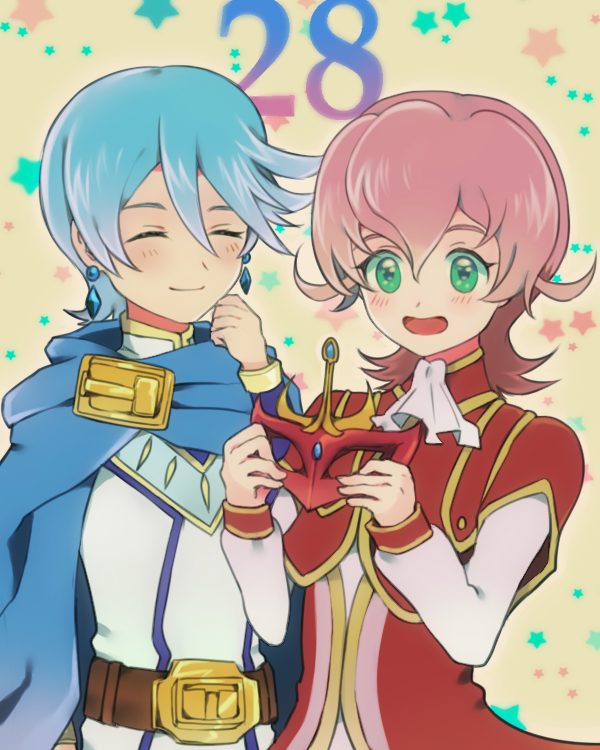 2boys, ascot, belt, blue_hair, blush, cape, closed_eyes, duo