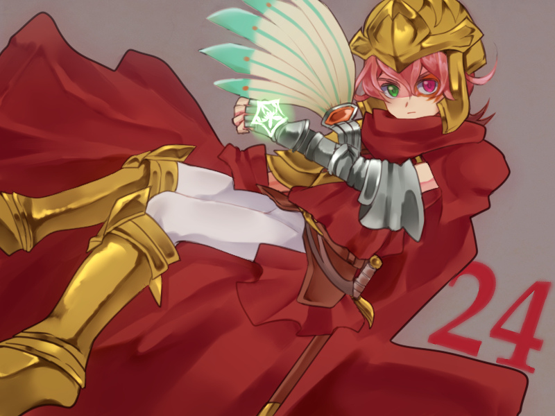 4:3_aspect_ratio, 800x600_wallpaper, cape, duel_disk, frown, grey_background, helmet, heterochromia