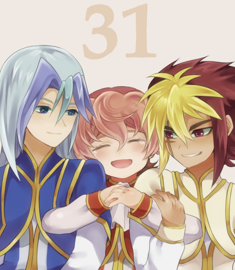 ascot, closed_eyes, crying, european_clothes, grin, iii_(yu-gi-oh!_zexal), iv_(yu-gi-oh!_zexal), locked_arms