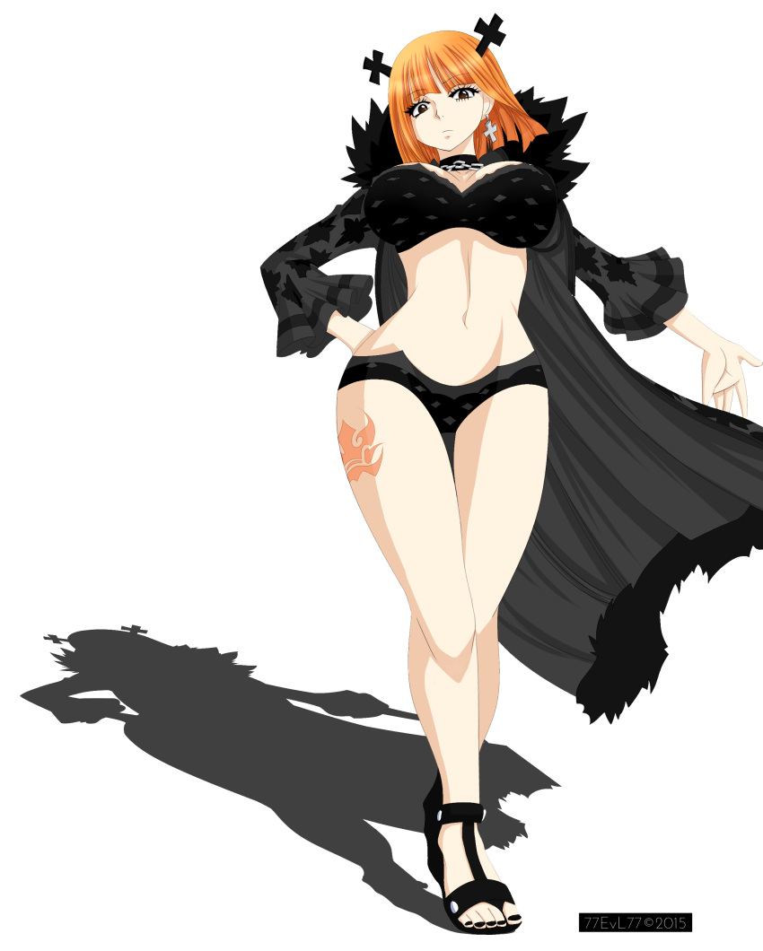 bikini, brandish_(fairy_tail), breasts, cleavage, coat, curvaceous, earrings, fairy_tail, high_resolution, jewelry, makeup, midriff, orange_hair, sandals, swimsuit, tattoo, very_high_resolution