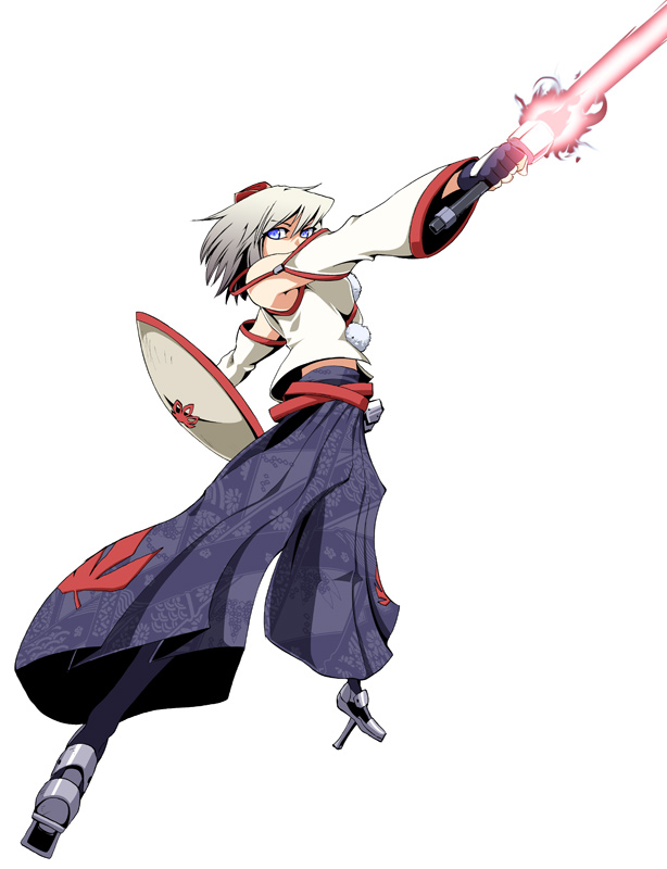 aka_ringo, azuma_syoujuan, blue_eyes, crossover, detached_sleeves, energy_sword, fingerless_gloves, gloves