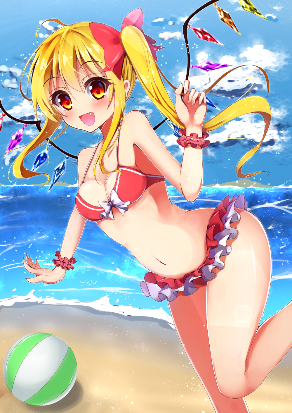 1girl, ball, beach, beachball, bikini, blonde_hair, blue_sky, bow
