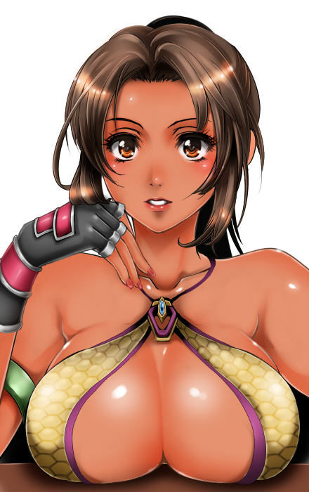 1041_(pixiv), armband, breast_rest, breasts, brown_hair, christie_monteiro, cleavage, cleavage_cutout