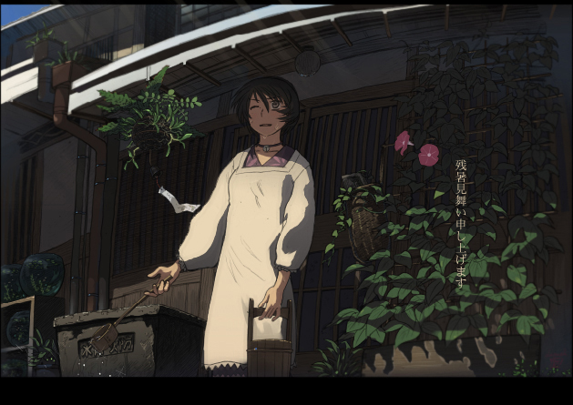 dagashi, one_eye_closed, smock, sweat, wink