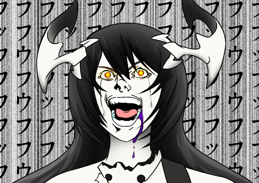 anchorage_water_oni, death_note, god_of_the_new_world, horns, injury, kantai_collection, laughing, parody