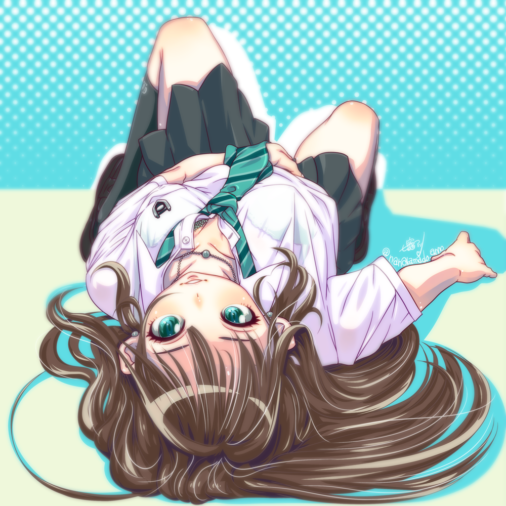 1girl, aqua_eyes, black_legwear, brown_hair, idolmaster, idolmaster_cinderella_girls, kneehighs, long_hair, looking_at_viewer, lying, motoi_hiroumi, necktie, on_back, see-through, shibuya_rin, short_sleeves, skirt, solo, twitter_username, upside-down