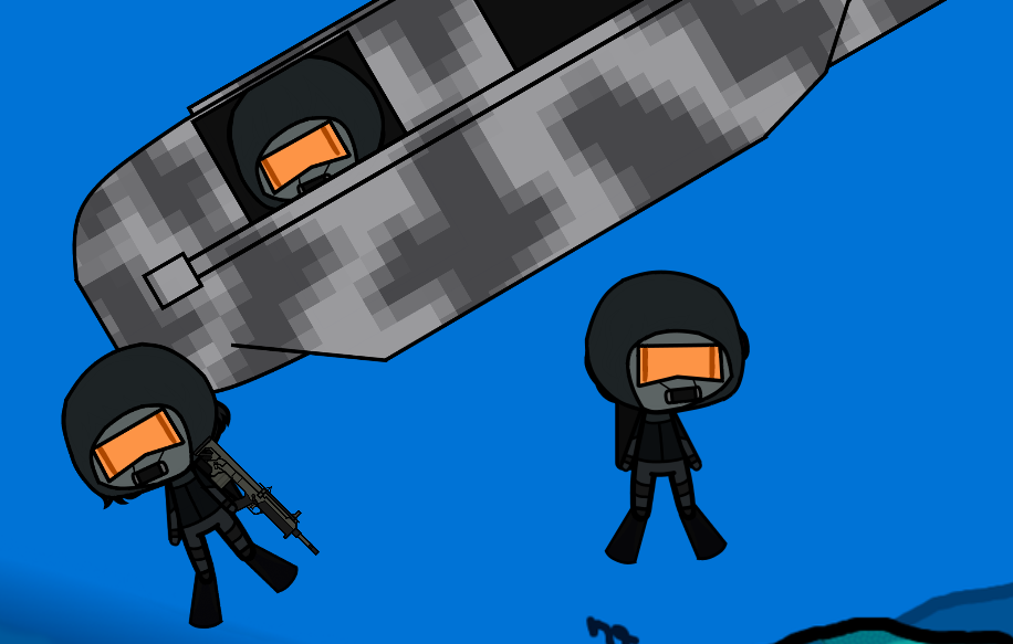 1boy, 2girls, arma_(series), arma_3, assault_rifle, bodysuit, chibi, diving