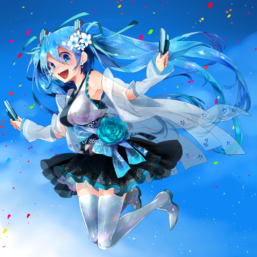 alternate_costume, aqua_eyes, aqua_hair, flower, hair_flower, hair_ornament, hair_ribbon, hatsune_miku