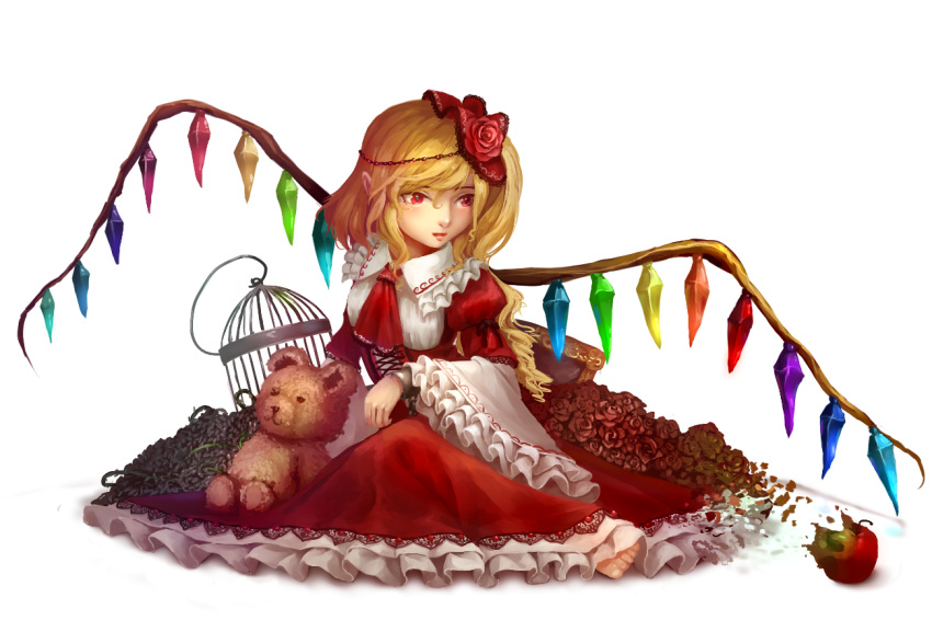 1girl, adapted_costume, alternate_costume, alternate_headwear, apple, ascot, asymmetrical_hair, blonde_hair