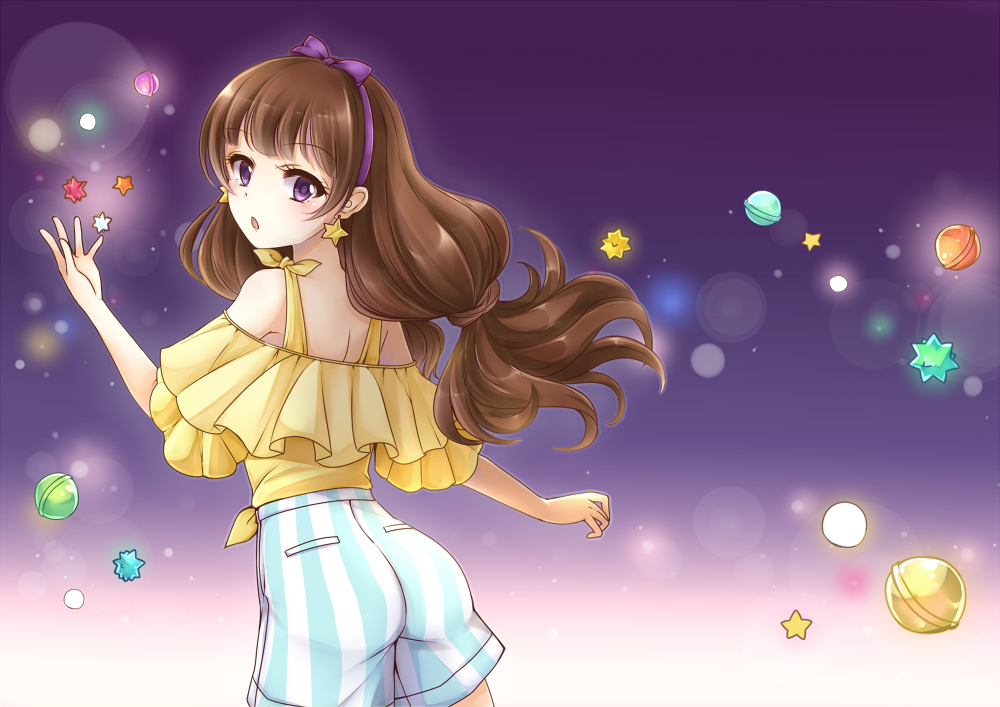 1girl, :o, amanogawa_kirara, ass, bare_shoulders, brown_hair, earrings, go!_princess_precure