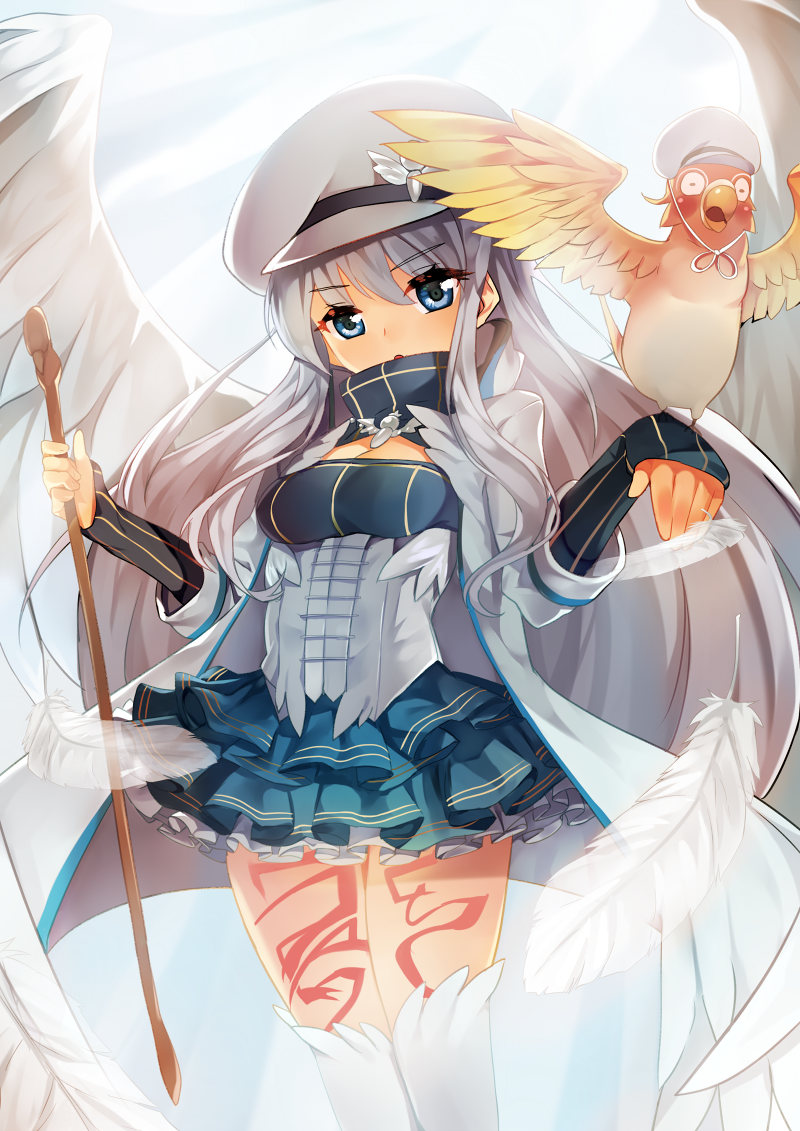 beret, bird, breasts, eisenwane, hat, long_hair, parrot, shovelwall
