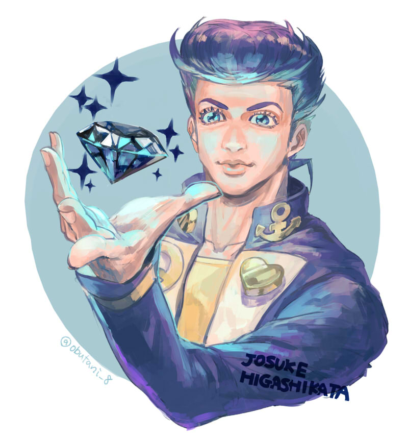 1boy, blue_hair, diamond, gakuran, gem, higashikata_jousuke, jojo_no_kimyou_na_bouken, kariya8, pompadour, purple_hair, school_uniform, solo