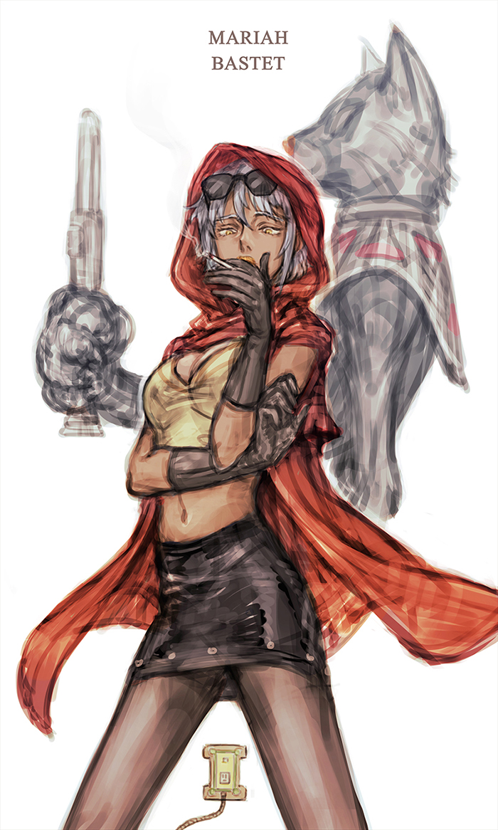 1girl, bast_(stand), character_name, cigarette, dark_skin, gap_(pdmng), gloves, grey_hair, hood, jojo_no_kimyou_na_bouken, mariah, pantyhose, stand_(jojo)