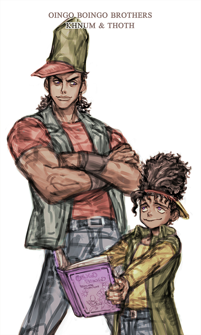 2boys, boingo, book, brothers, character_name, dark_skin, gap_(pdmng), hat