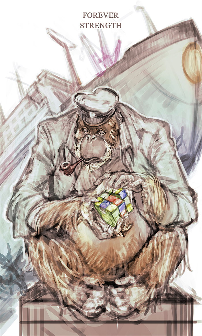 character_name, forever_(jojo), gap_(pdmng), hat, jojo_no_kimyou_na_bouken, no_humans, orangutan, sailor_hat, ship, stand_(jojo), strength_(stand)
