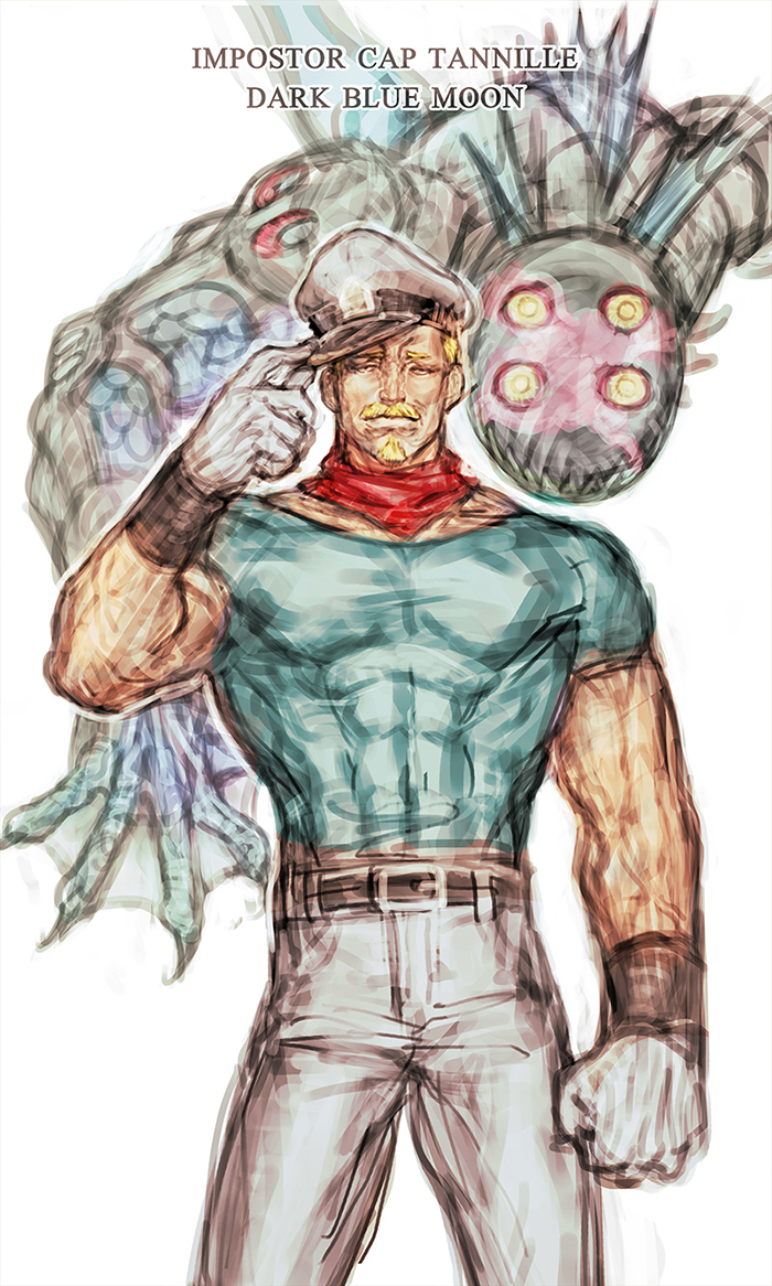 1boy, blonde_hair, captain_tennille, character_name, dark_blue_moon, facial_hair, gap_(pdmng), gloves