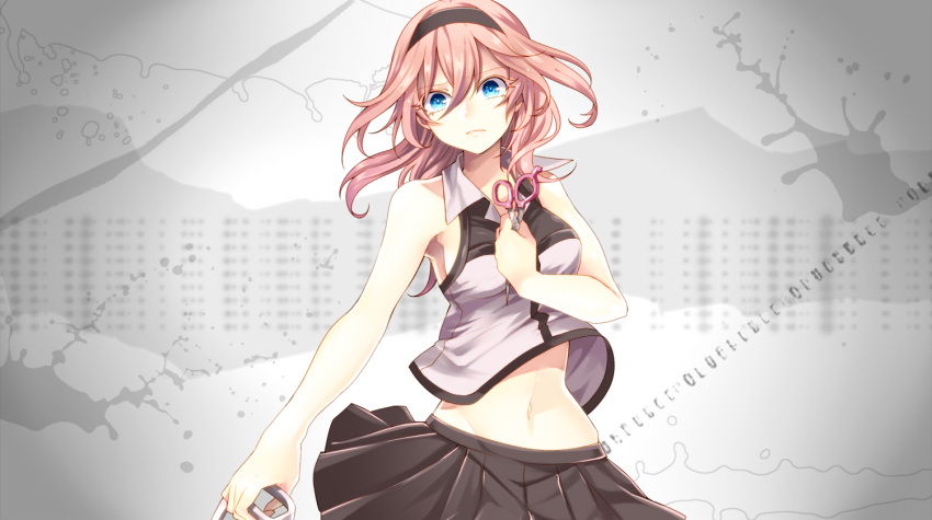 1girl, black_hair, blue_eyes, gahata_meiji, hairband, navel, pink_hair, scissors