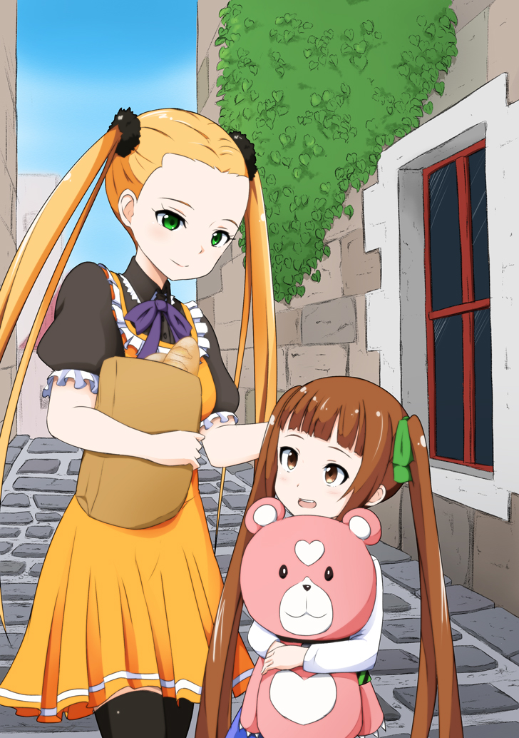 2girls, ame., aoki_hagane_no_arpeggio, bag, blonde_hair, bread, brown_eyes, brown_hair