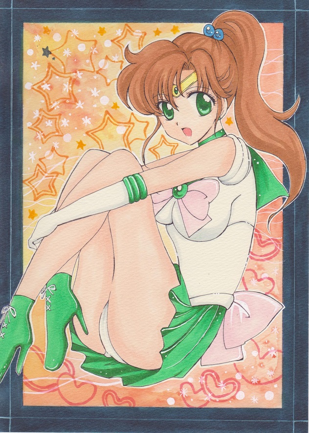 bishoujo_senshi_sailor_moon, black_border, border, brooch, brown_hair, choker, circlet, elbow_gloves