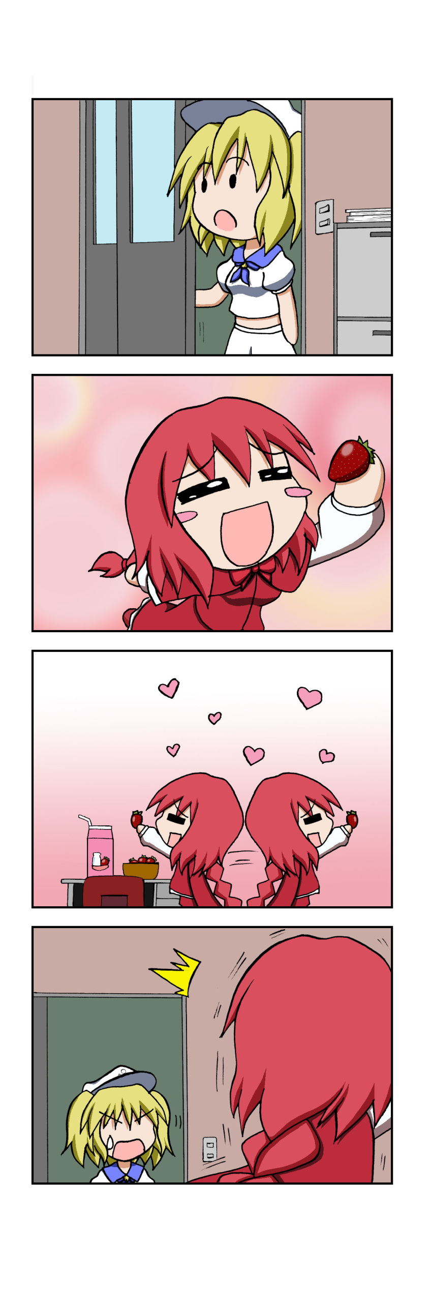 /\/\/\, 2girls, 4koma, absurdres, blonde_hair, blush_stickers, bowl, braid