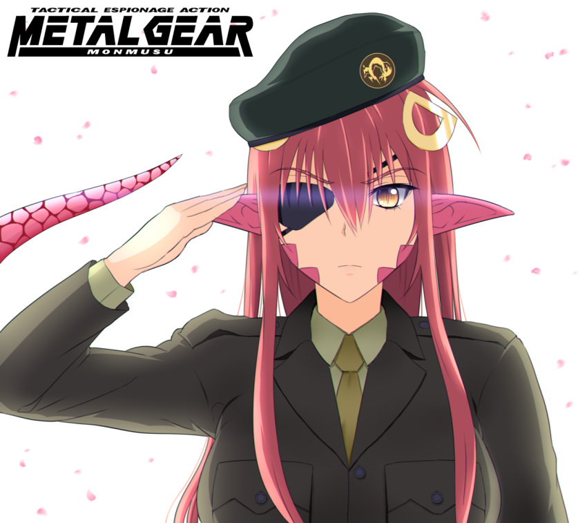 1girl, beret, big_boss, big_boss_(cosplay), eyepatch, green_kaminari, hair_ornament, hairclip