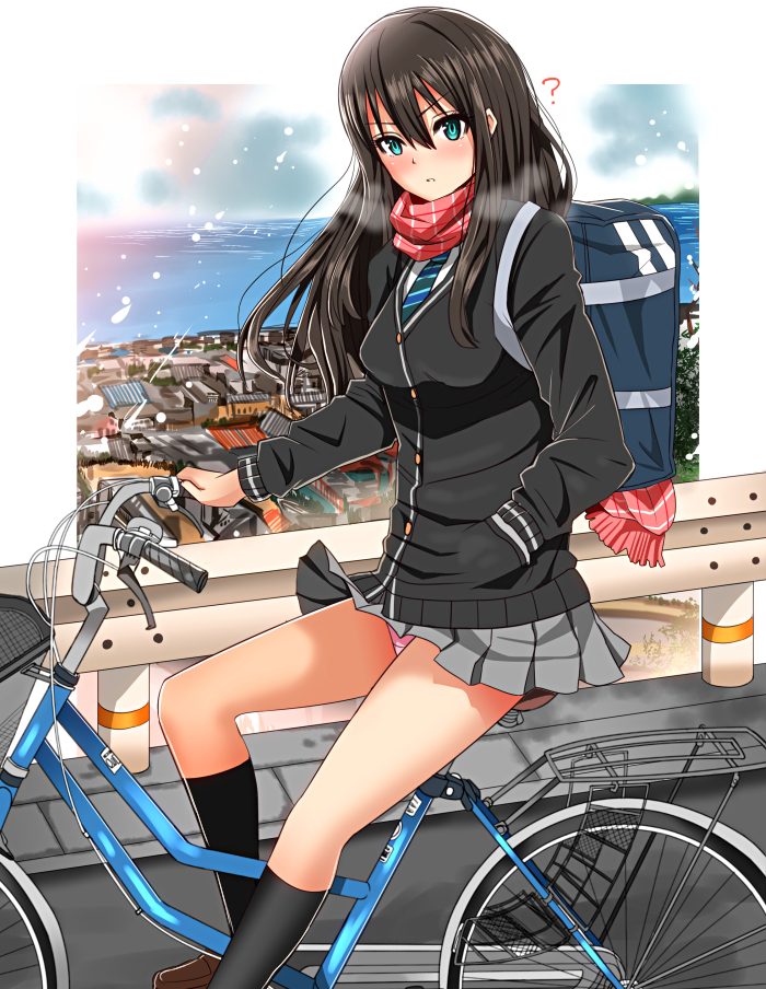 1girl, ?, bag, bicycle, black_hair, blush, cardigan, female