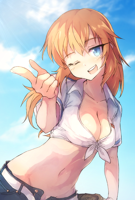 1girl, ;d, belt, blue_eyes, blue_sky, blush, breasts, charlotte_e_yeager