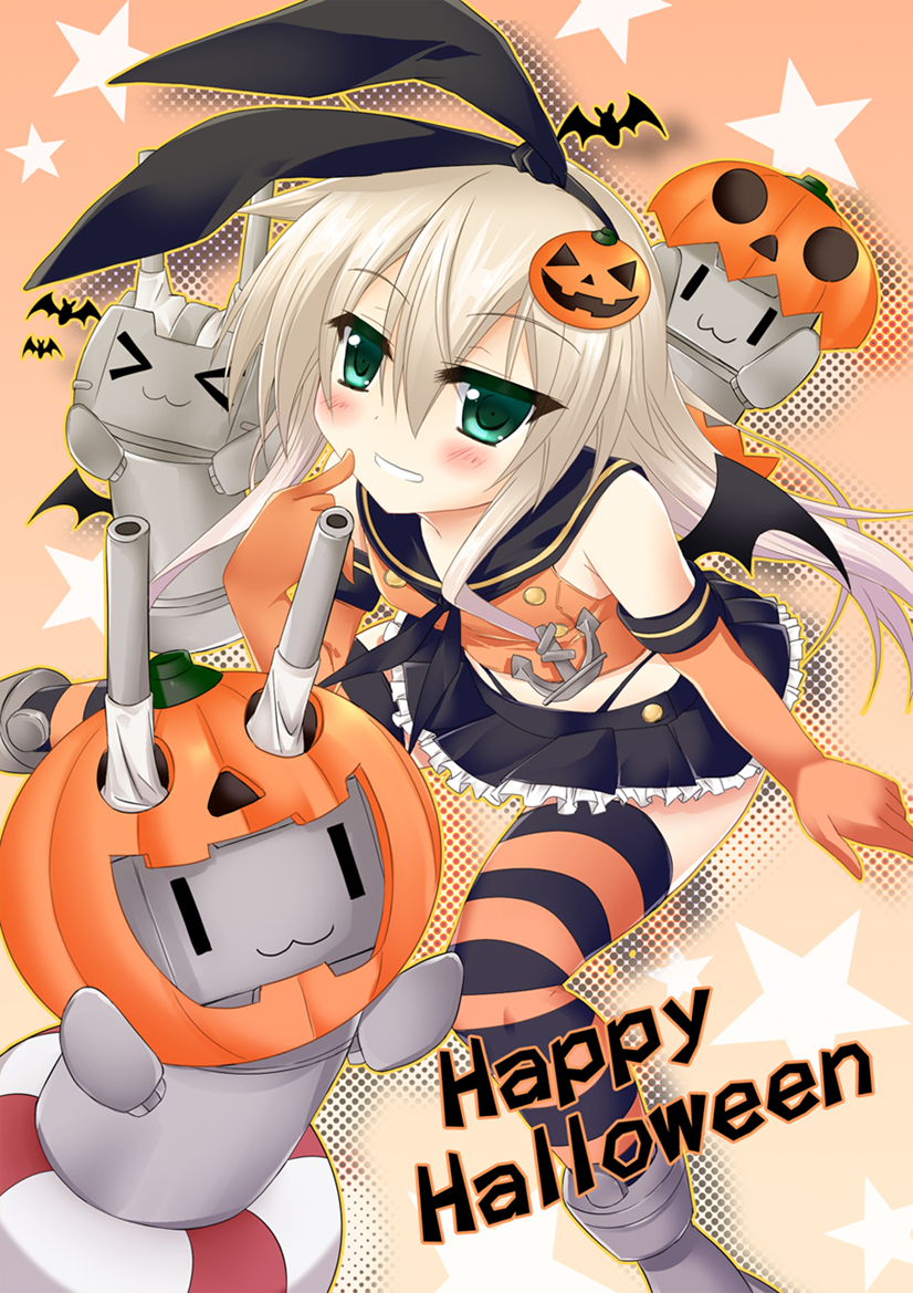 >_<, 1girl, :3, alternate_color, bat, black_panties, blonde_hair, blush, costume, crop_top, elbow_gloves, gloves, green_eyes, hair_ornament, hairband, halloween, happy_halloween, hat, highleg, highleg_panties, innertube, kagura_nanaki, kantai_collection, lifebuoy, long_hair, looking_at_viewer, miniskirt, navel, panties, pumpkin, rensouhou-chan, school_uniform, serafuku, shimakaze_(kantai_collection), skirt, smile, star, striped, striped_legwear, text, thigh-highs, underwear, wings, |_|