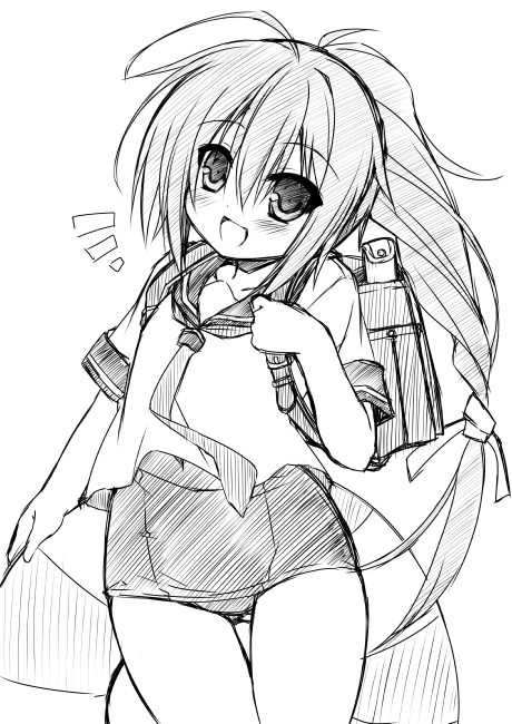 1girl, :d, ahoge, backpack, bag, hair_ornament, hair_ribbon, i-168_(kantai_collection)