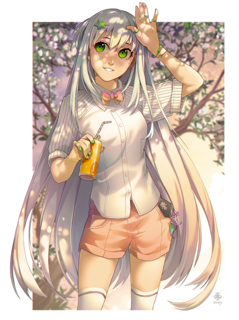 1girl, arm_up, artist_name, blurry, blush, bracelet, cherry_blossoms, depth_of_field