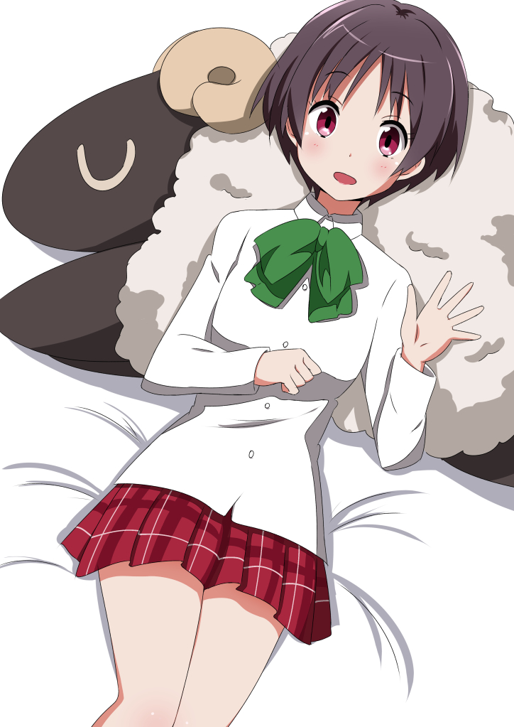 1girl, ame., black_hair, chuunibyou_demo_koi_ga_shitai!, red_eyes, school_uniform, sheep, short_hair, stuffed_animal, stuffed_toy, tsuyuri_kumin, waving