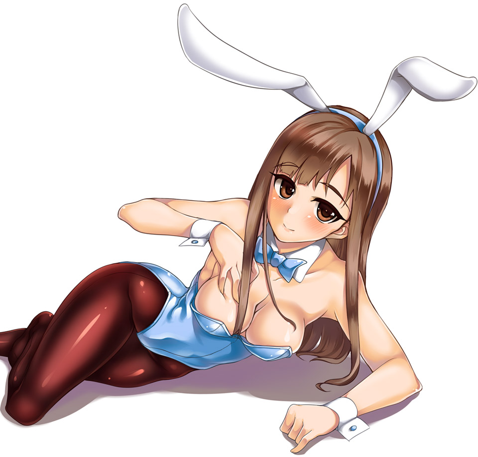 1girl, animal_ears, bowtie, breasts, brown_eyes, brown_hair, bunnysuit, cleavage