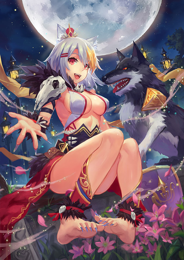 1girl, :d, animal_ears, atdan, barefoot, blonde_hair, breasts, fang, fingernails, hair_ornament, hairclip, land_of_caromag, long_fingernails, long_toenails, looking_at_another, looking_at_viewer, multicolored_hair, official_art, open_mouth, original, outdoors, outstretched_arm, red_eyes, red_skirt, revealing_clothes, rock, short_hair, sitting, sitting_on_rock, skirt, skirt_set, skull, smile, spiky_hair, toenails, two-tone_hair, white_hair, wolf, wolf_ears, wolf_girl