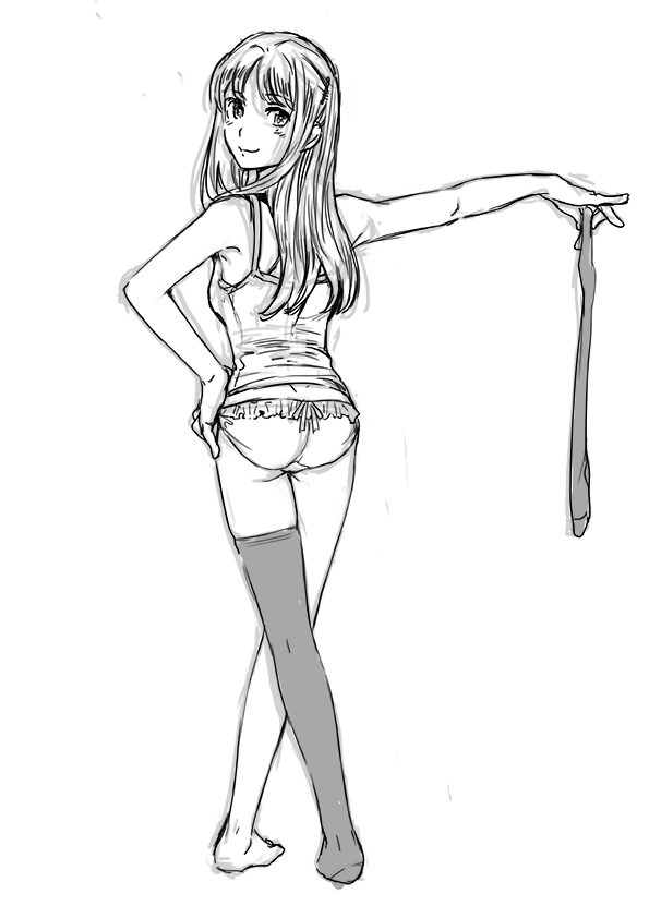 1girl, ass, crossed_legs, cuvie, from_behind, full_body, long_hair, looking_at_viewer