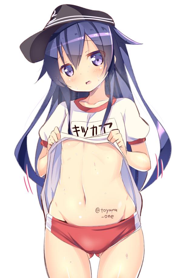 1girl, akatsuki_(kantai_collection), akito_9999, blue_hair, blush, buruma, flat_chest, hat
