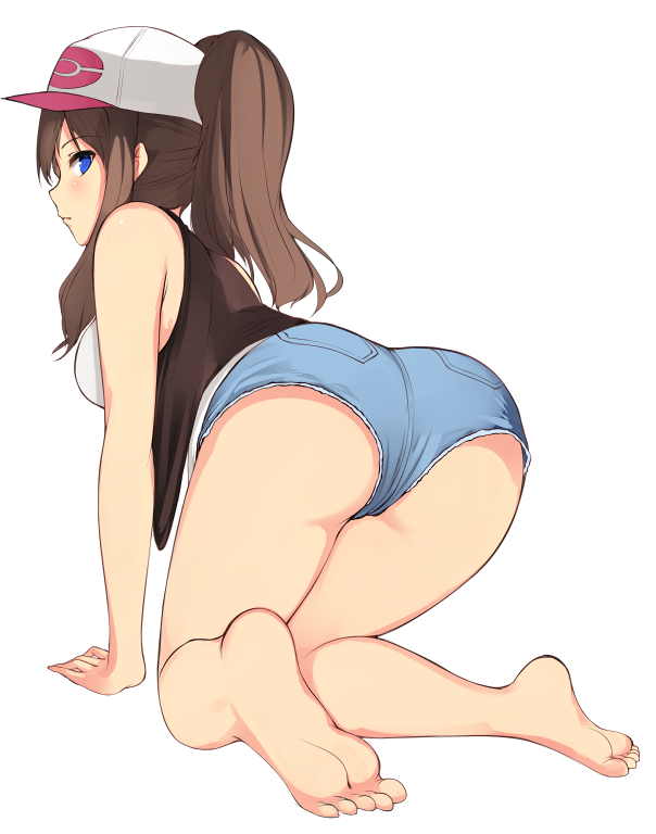 1girl, ass, baseball_cap, blue_eyes, brown_hair, from_behind, hat, kneeling, kureha_(ironika), long_hair, looking_at_viewer, looking_back, pokemon, ponytail, shorts, touko_(pokemon), white_background