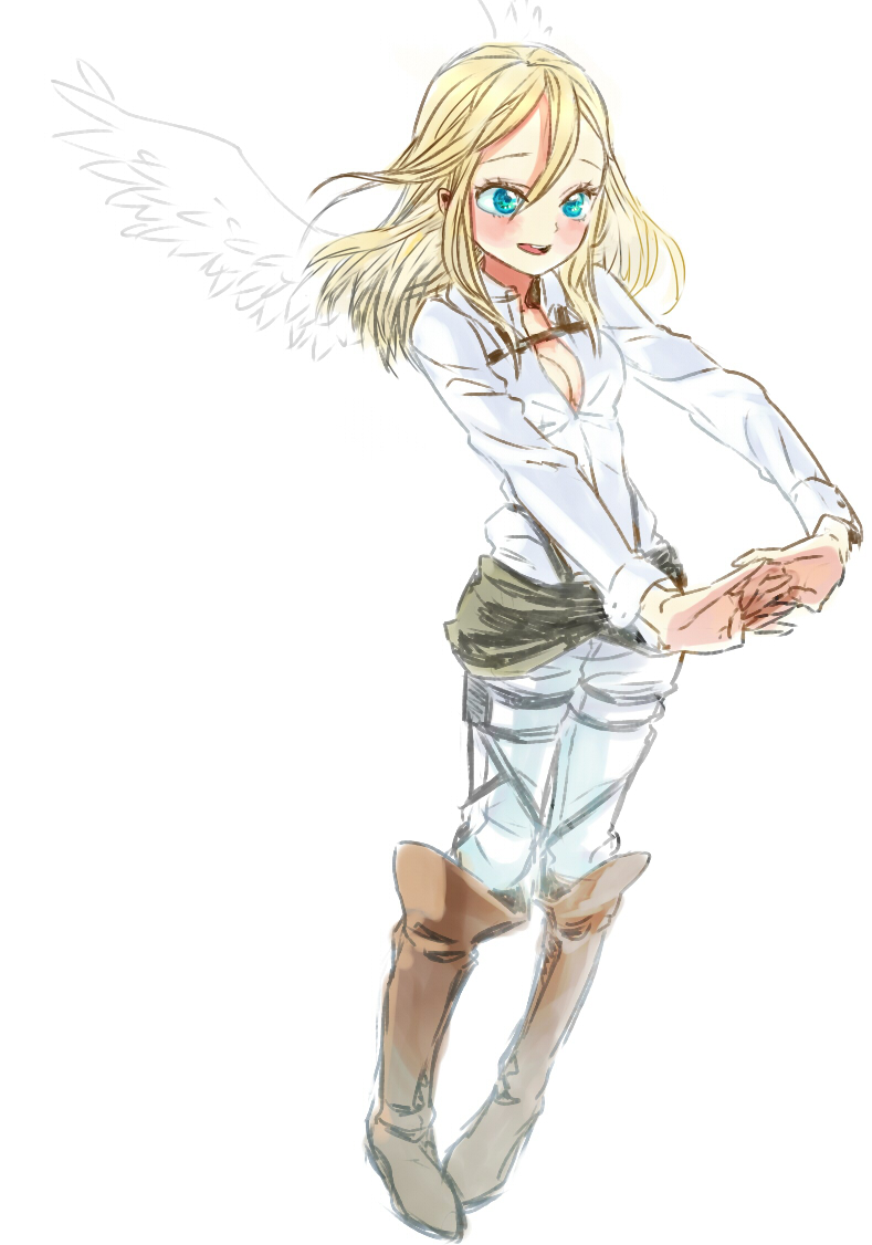 anco_(sentiment_color), blonde, blue_eyes, blush, boots, happy, krista_lenz, shingeki_no_kyojin