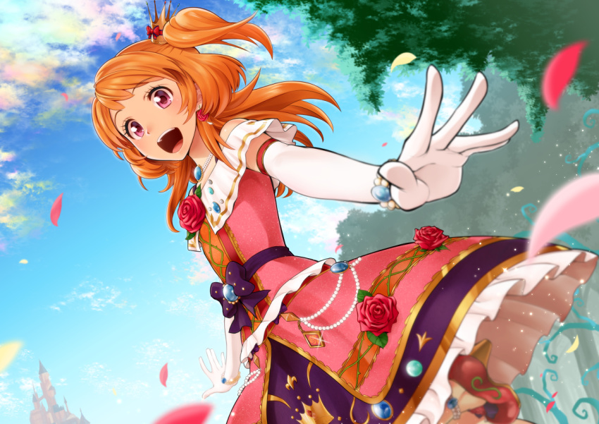 aikatsu!, blue_sky, bracelet, building, castle, clouds, day, elbow_gloves