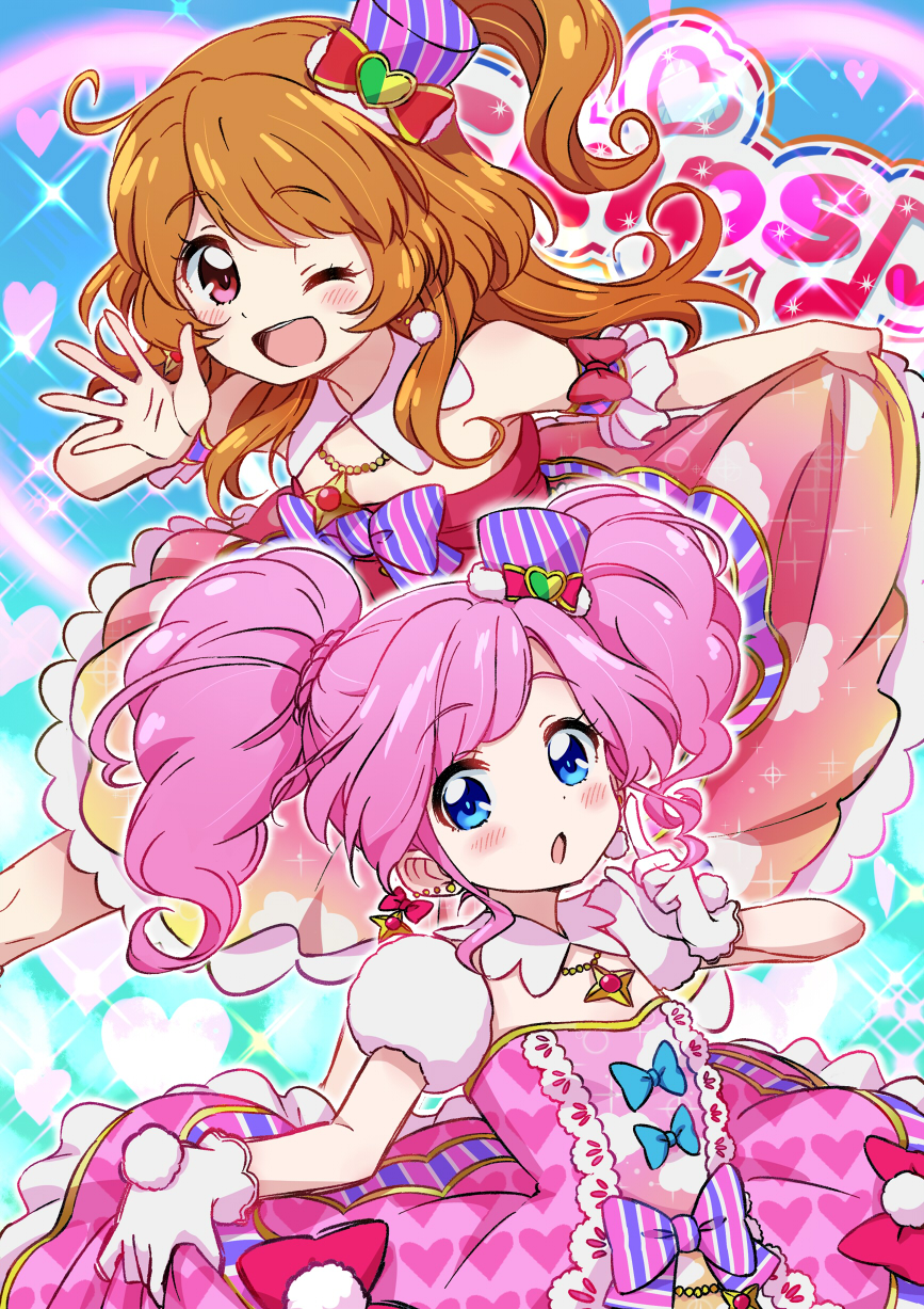2girls, aikatsu!, amahane_madoka, blue_eyes, duo, earrings, female, gloves, high_resolution, holding_clothes, holding_object, jewelry, kingin, multiple_girls, necklace, one_eye_closed, oozora_akari, open_mouth, orange_eyes, piercing, pink_hair, puffy_sleeves, short_sleeves, side_ponytail, smile, twintails, white_gloves, white_handwear, wink