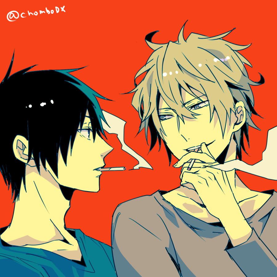 1:1_aspect_ratio, 2boys, black_hair, blonde, chonnbo, cigarette, duo, durarara!!