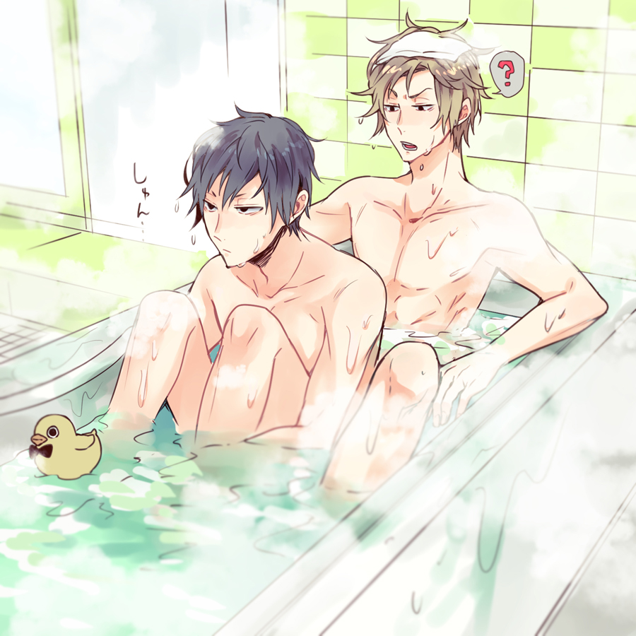 1:1_aspect_ratio, 2boys, ?, bathing, bathtub, black_hair, blonde, chonnbo