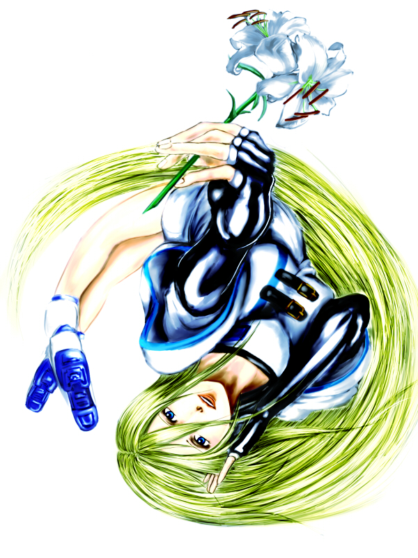 blonde_hair, blue_eyes, elbow_gloves, fingerless_gloves, flower, gloves, guilty_gear, karasu_(artist)