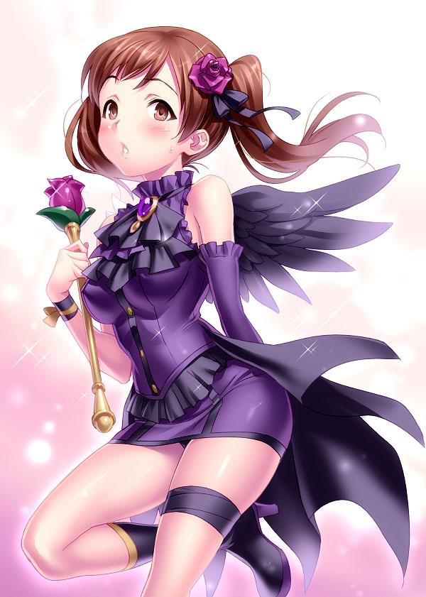 1girl, angel_wings, breasts, brown_eyes, brown_hair, cosplay, idolmaster, idolmaster_cinderella_girls
