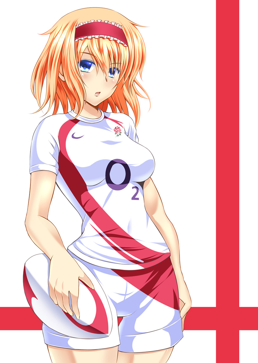 1girl, alice_margatroid, ball, blonde_hair, blue_eyes, blush, breasts, hairband, looking_at_viewer, rugby, rugby_ball, rugby_uniform, shirt, short_hair, shorts, solo, sportswear, takamichis211, touhou