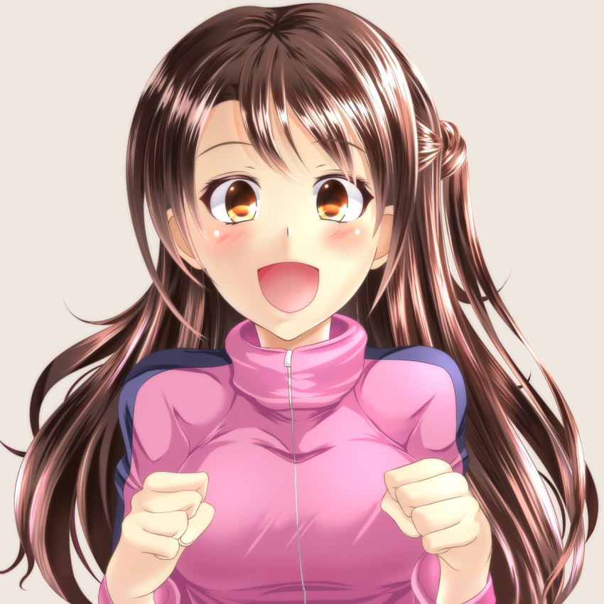 1girl, :d, blush, breasts, brown_eyes, brown_hair, highres, idolmaster