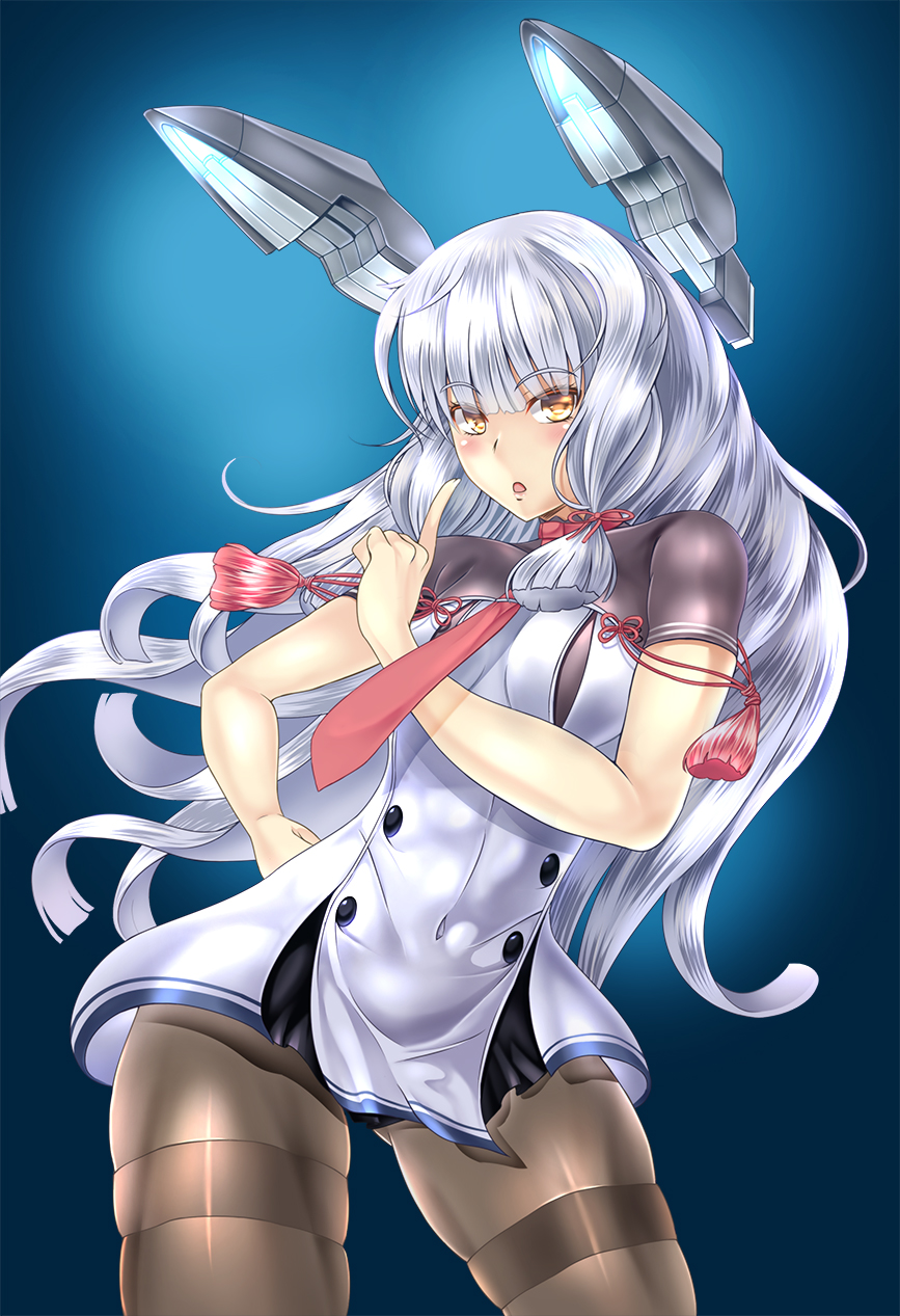 1girl, bangs, black_legwear, blunt_bangs, blush, hair_ribbon, hand_on_hip, headgear